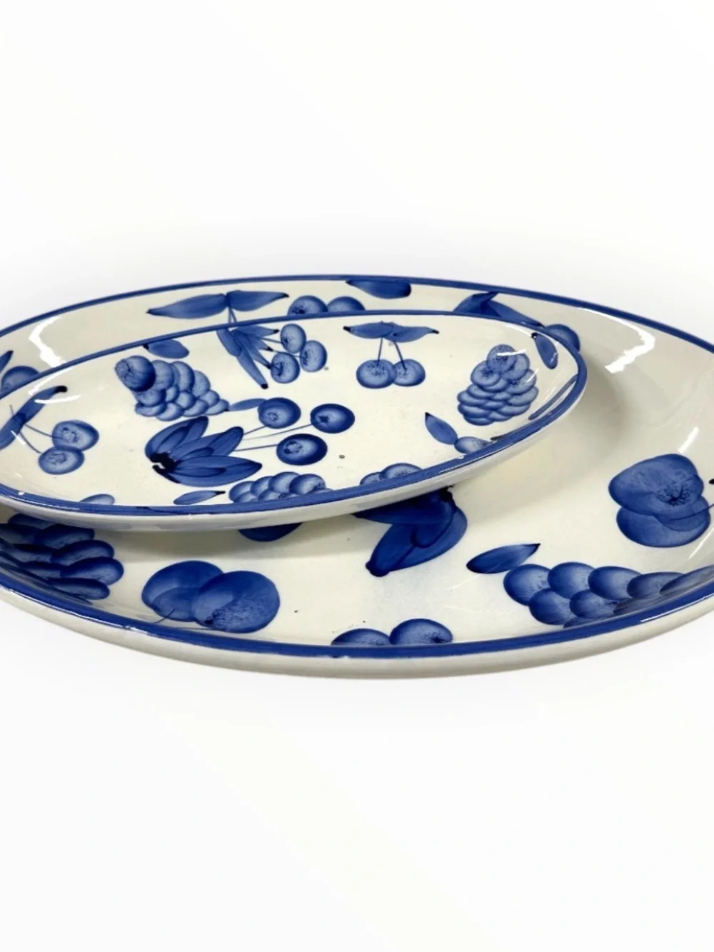 Stoviglieria Italy Blue Fruit Hand Painted Oval Serving Platters Set Of 2 Vtg